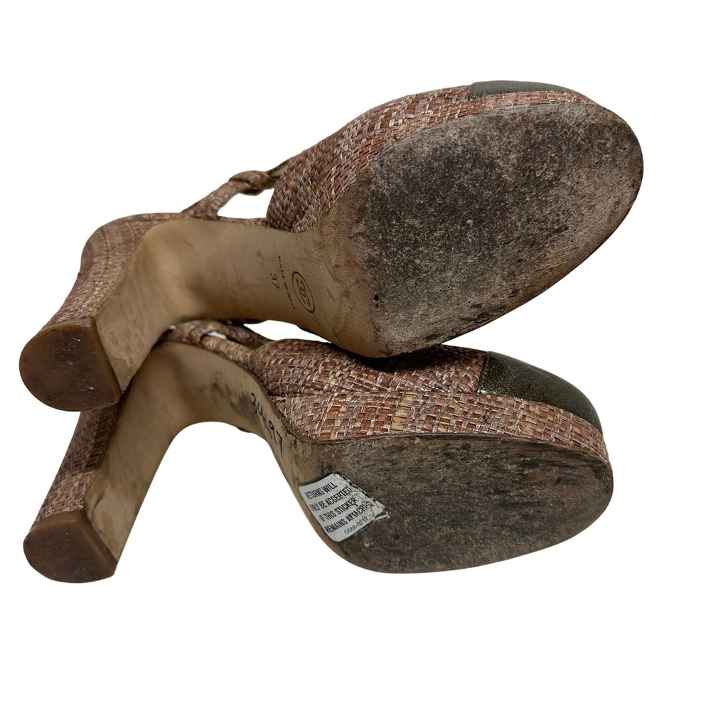 Chanel Tweed CC‎ Interlocking Bronze Raffia Slingback Platform Heels Cap Toe 37 - Picture 6 of 13